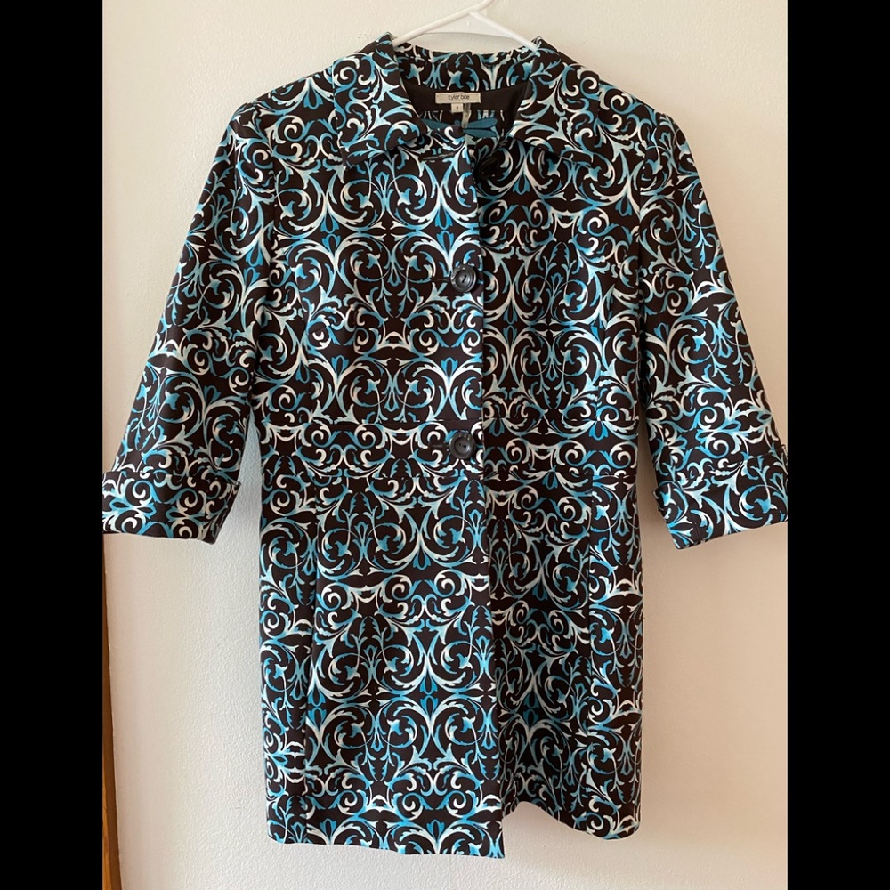 Size 6 Tyler Boe Brown & Turquoise Jacket-3/4 length sleeves, above the knee